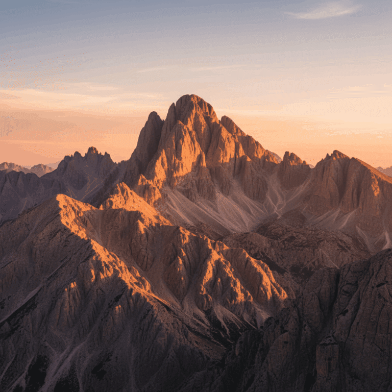 a beautiful photo of a sunset-lit stone mountain (warm oranges, beiges)
