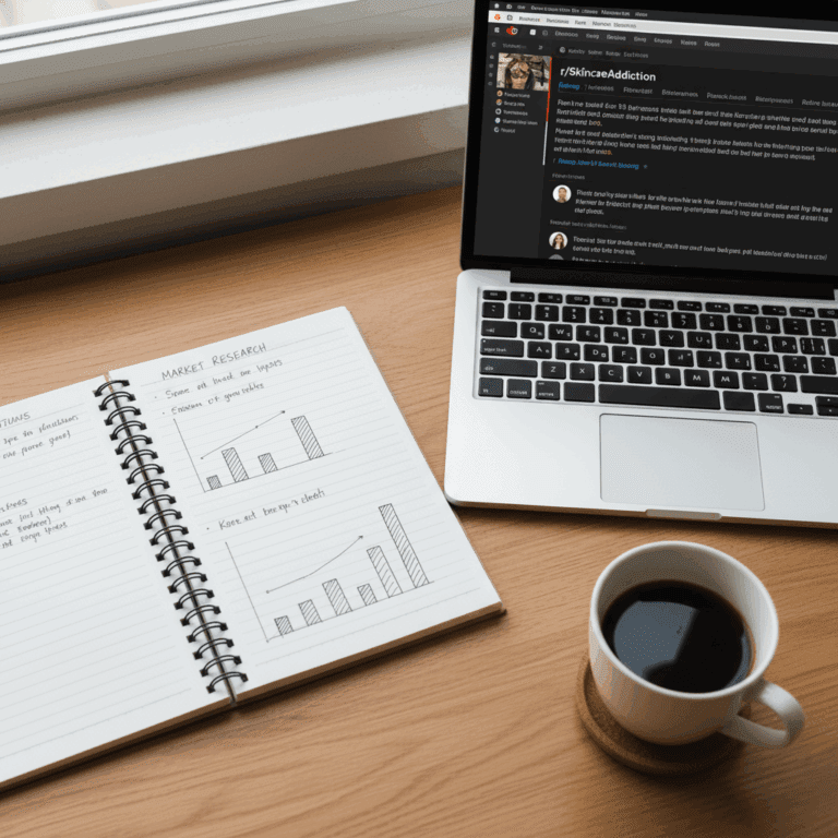 A clean, warm-toned photo of a completed worksheet and laptop, showing research for beauty niche examples.