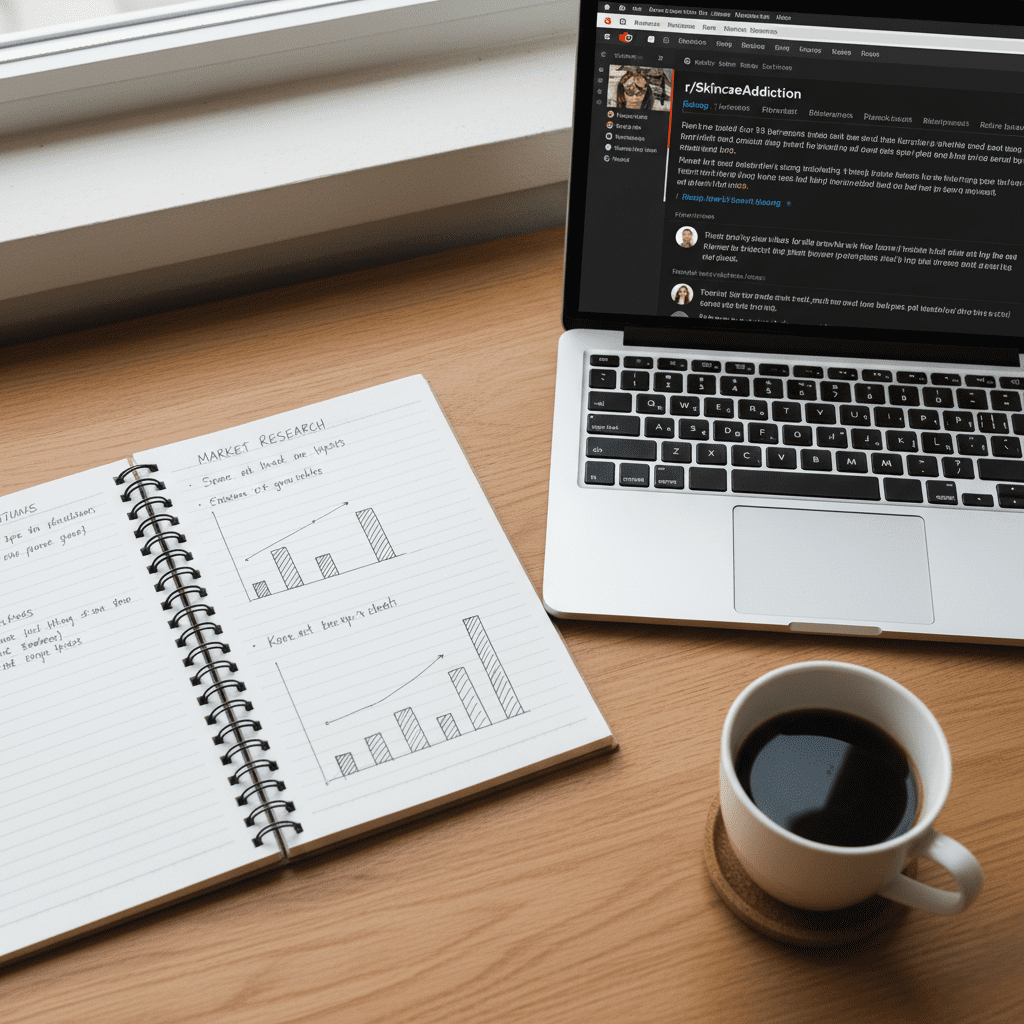 A clean, warm-toned photo of a completed worksheet and laptop, showing research for beauty niche examples.