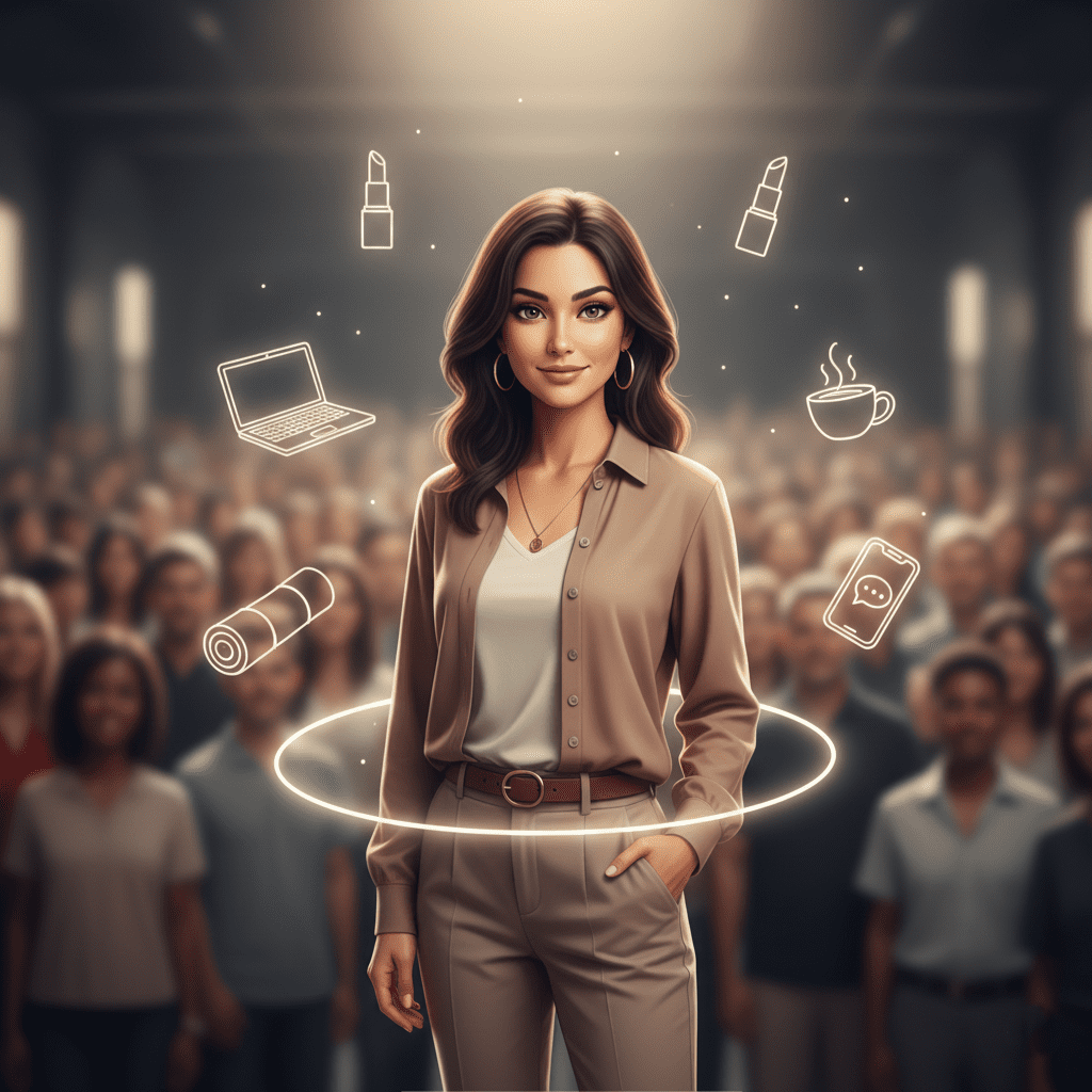 A graphic illustrating the ideal customer avatar beauty startup concept by focusing on a single, detailed customer within a blurred crowd.