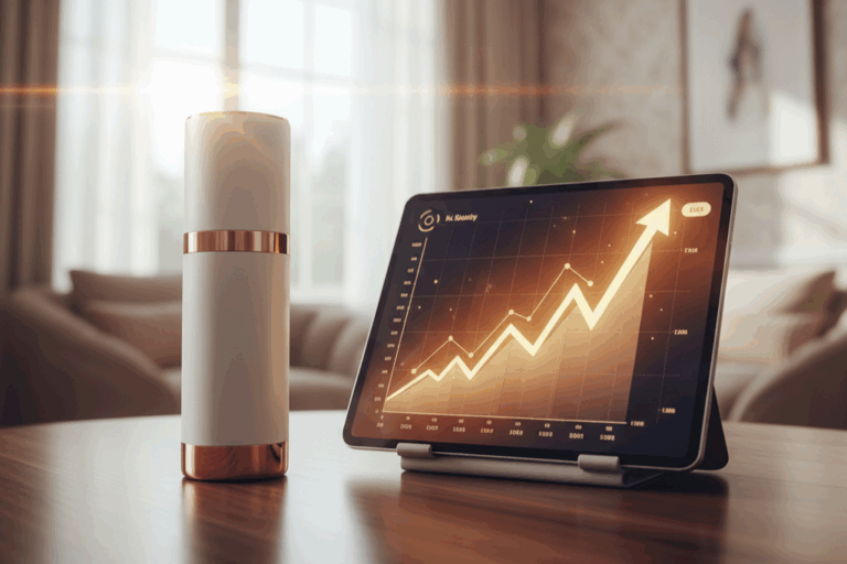 A K-Beauty device next to a tablet showing a sharply rising sales graph, symbolizing a successful K-Beauty business model.