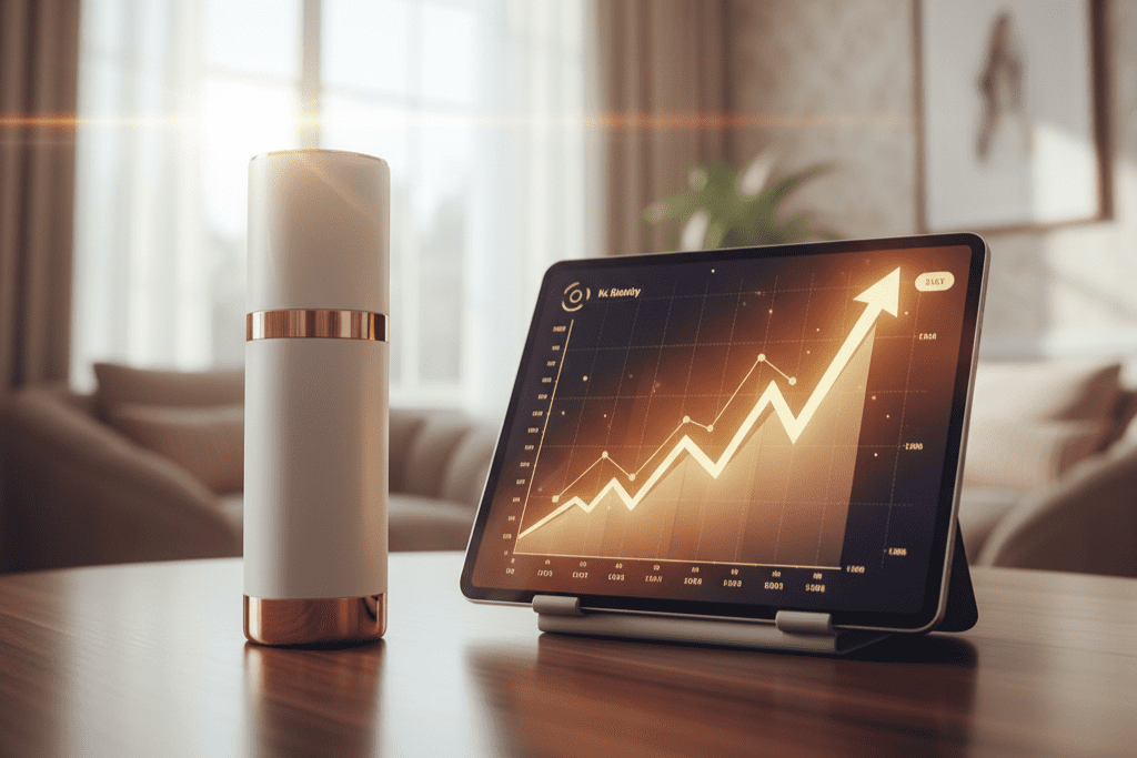 A K-Beauty device next to a tablet showing a sharply rising sales graph, symbolizing a successful K-Beauty business model.