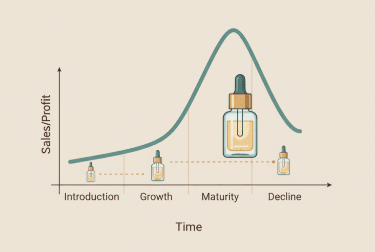 A clean, warm-toned diagram illustrating the 4 product lifecycle stages (Introduction, Growth, Maturity, Decline) with a warning icon.