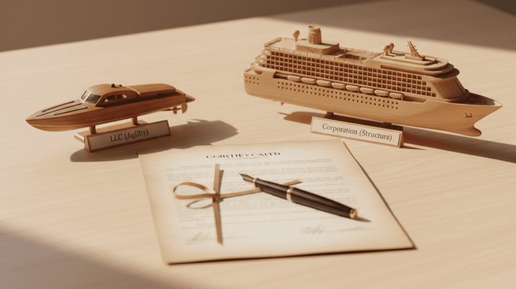 A clean, warm-toned image comparing a small speedboat (LLC) to a large cruise ship (Corporation), symbolizing the legal choice of LLC vs Corporation for startup.