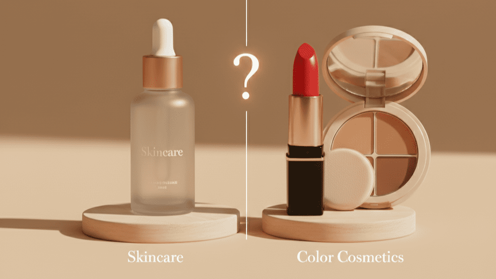 A conceptual image illustrating the critical decision between launching skincare vs color cosmetics startup, showing a serum bottle and a lipstick.