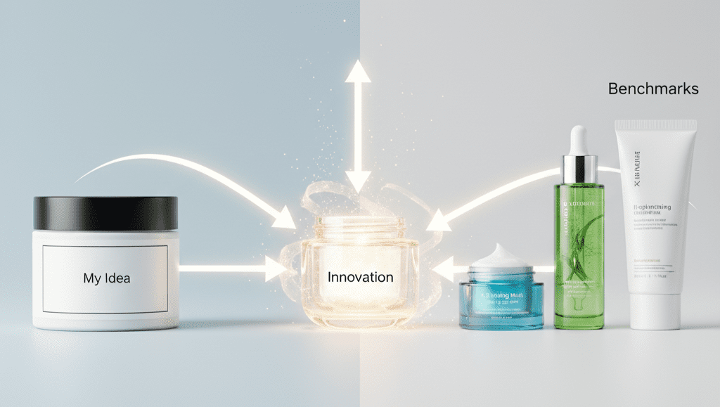 Comparing generic skincare ideas vs using benchmark products for cosmetic formulation.