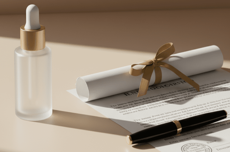 A clean, warm-toned image showing a cosmetic bottle next to an official document, symbolizing the legal steps of how to trademark a brand name.