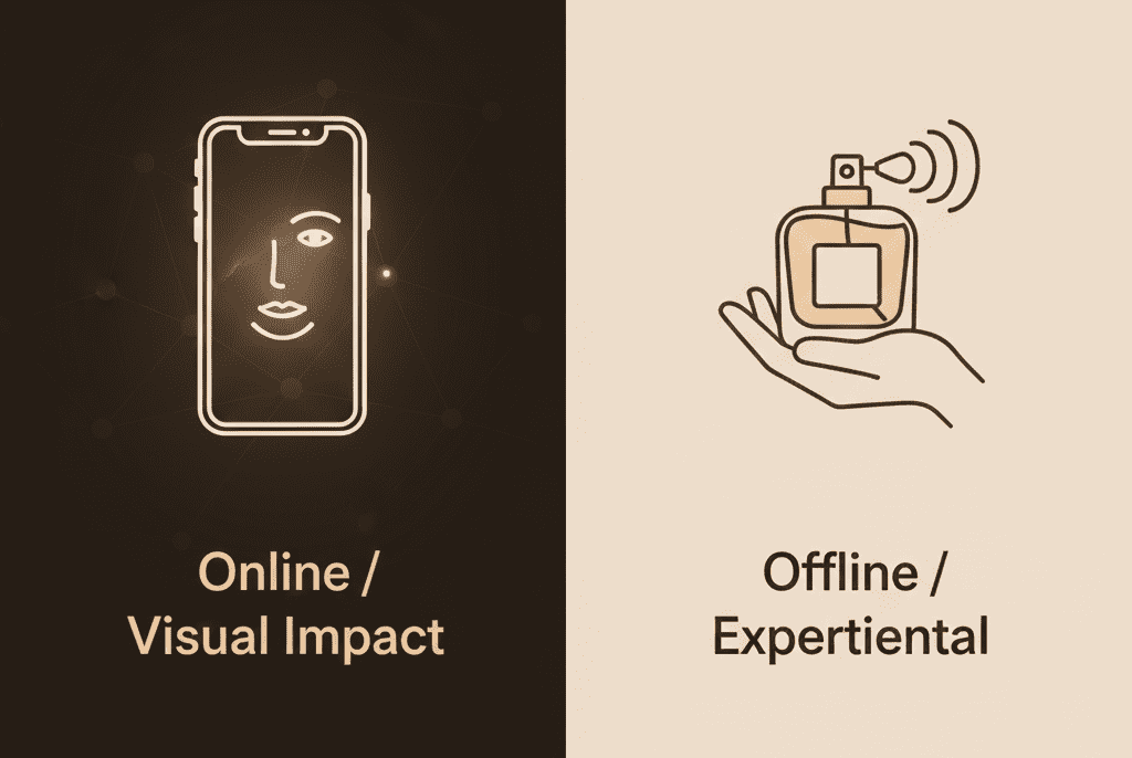 A graphic contrasting product planning for online distribution (visual impact) versus offline distribution (sensory experience)