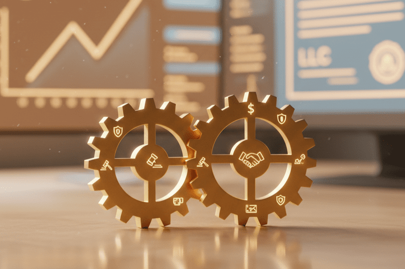A graphic illustrating the 2-step legal secret with interlocking gears and blurred financial graphs, symbolizing brand security and future growth.