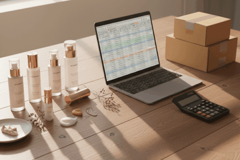 A clean, warm-toned desk showing the founder's paradox: beautiful cosmetic products on one side and a business spreadsheet and shipping boxes on the other, representing the founder readiness checklist.
