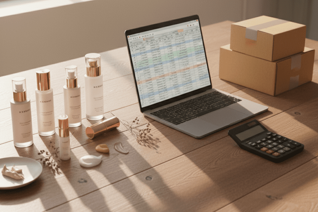A clean, warm-toned desk showing the founder's paradox: beautiful cosmetic products on one side and a business spreadsheet and shipping boxes on the other, representing the founder readiness checklist.