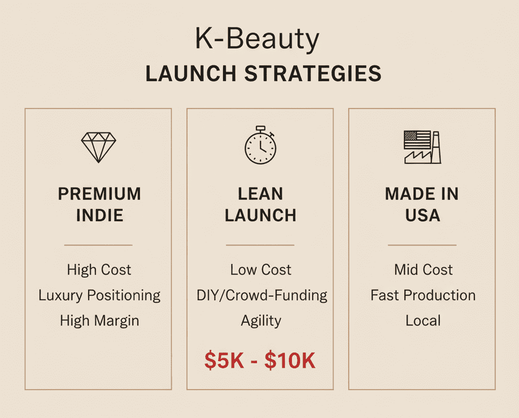 A graphic comparing the Premium Indie strategy, Lean Launch strategy, and Made in USA strategy, showing the initial budget difference for each launch path.