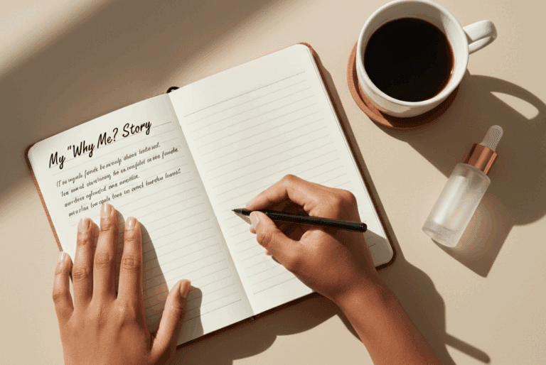 A person's hands writing in a journal, crafting their beauty brand founder story, as part of a 3-step blueprint.