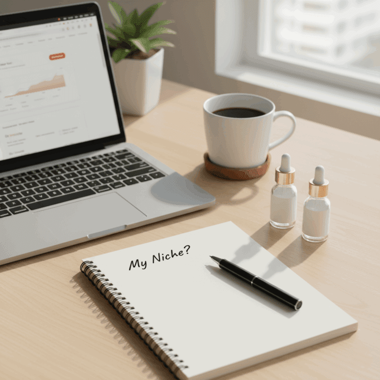 A clean and warm-toned desk setup showing a laptop with Google Trends and a notebook, representing the process to find your beauty niche.