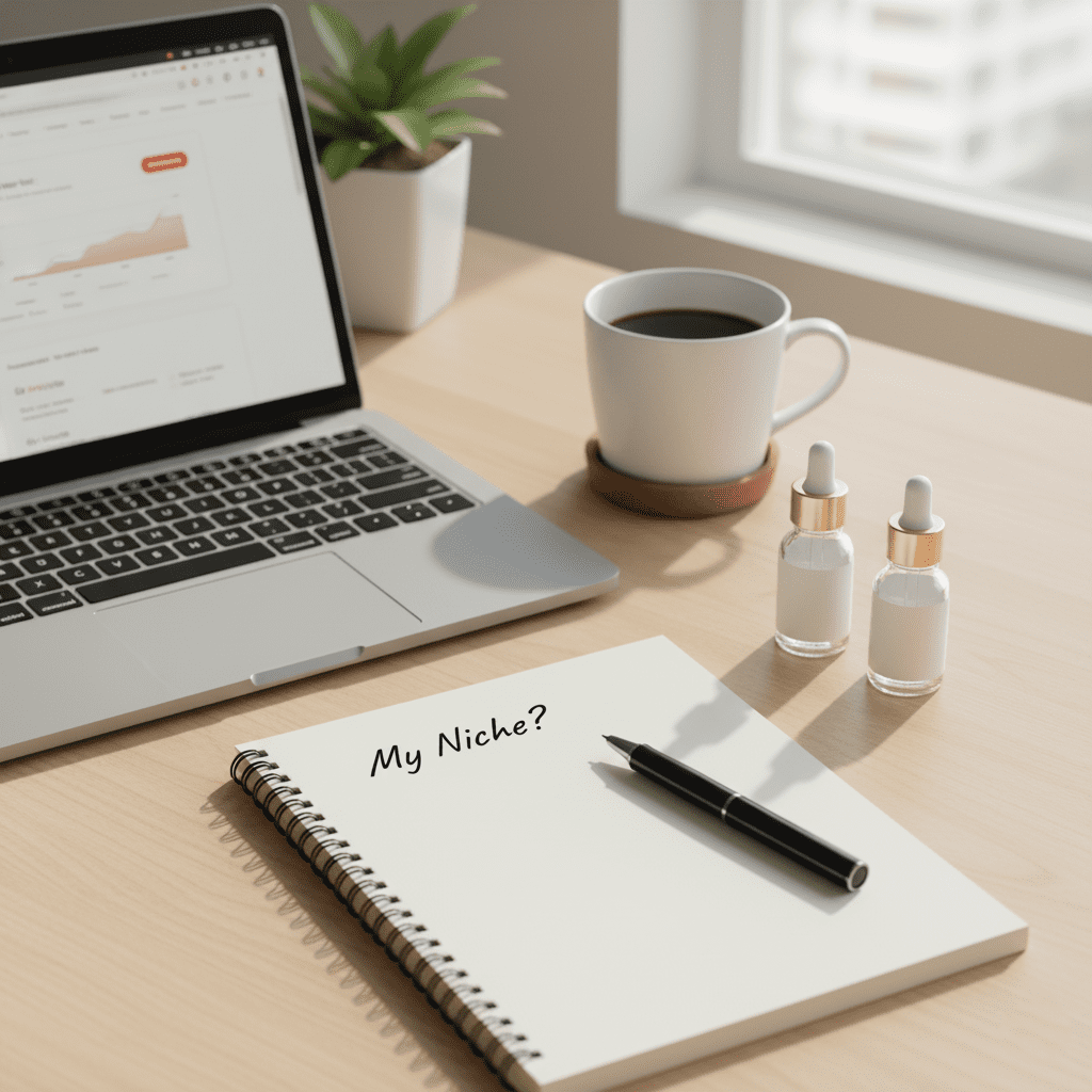 A clean and warm-toned desk setup showing a laptop with Google Trends and a notebook, representing the process to find your beauty niche.