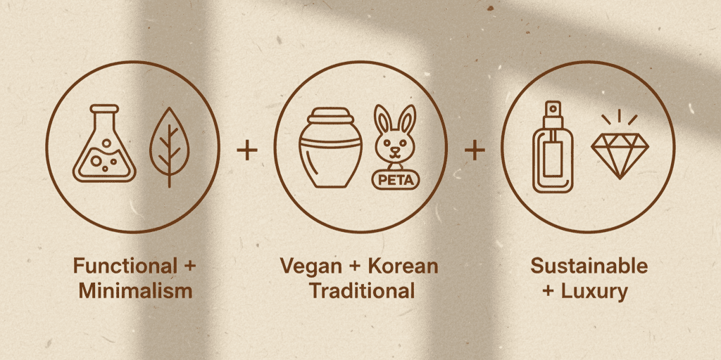 A visual guide to 3 powerful niche combo examples beauty founders can use for differentiation: Functional Minimalism, Vegan Tradition, and Sustainable Luxury.