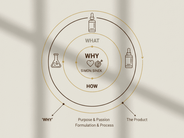 A graphic illustrating the Golden Circle Strategy beauty startup founders must use to define their brand purpose (Why, How, What).