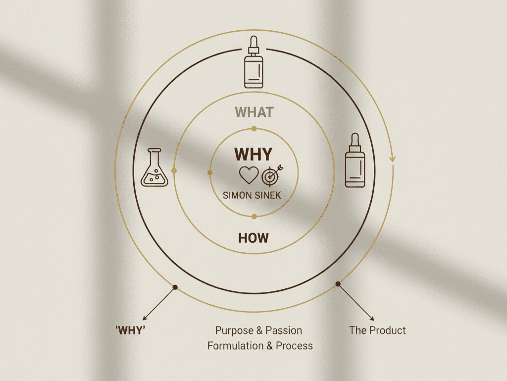 A graphic illustrating the Golden Circle Strategy beauty startup founders must use to define their brand purpose (Why, How, What).