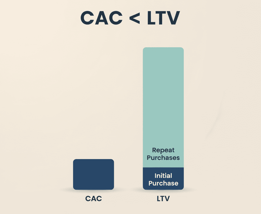 A graphic illustrating the essential business metrics LTV vs. CAC, showing that Lifetime Value must be significantly greater than Customer Acquisition Cost for profit.