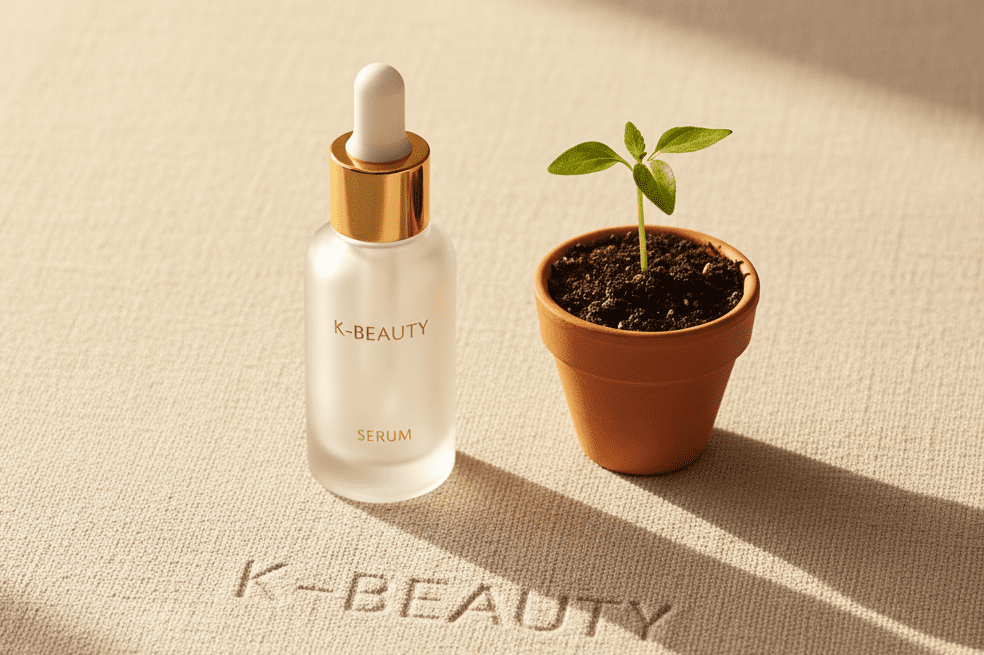 A clean and warm-toned image symbolizing the beauty market opportunity, showing a single premium cosmetic bottle next to a small green plant sprouting, bathed in soft light.