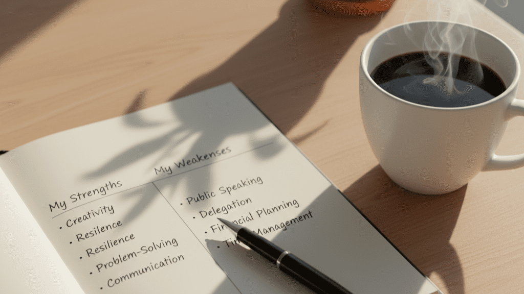 A clean, warm-toned photo of a completed worksheet showing founder strengths and weaknesses examples, with a pen and coffee.