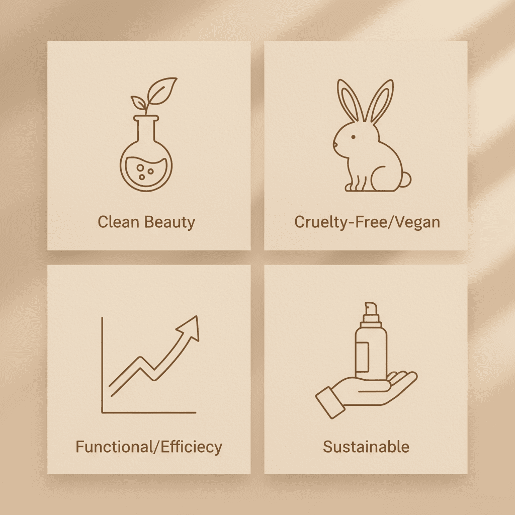 A graphic collage illustrating the 4 key niches beauty market founders must master: Clean, Vegan, Functional, and Sustainable.