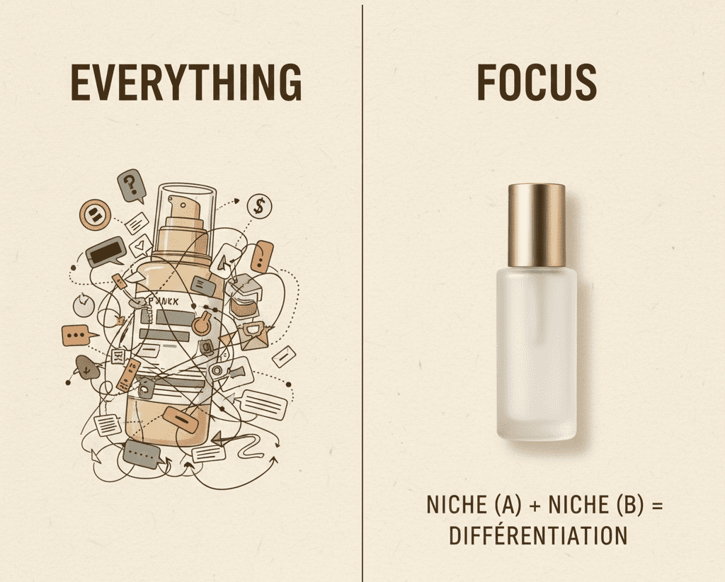 A graphic contrasting a cluttered product concept with a focused one, illustrating the niche brand identity strategy using a simple addition formula.