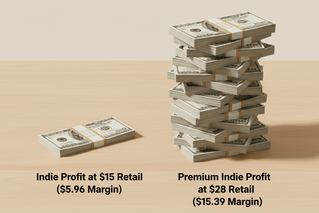 A graphic comparing the low-volume profit margin for a $15 product versus a $28 product, highlighting the financial trap of inadequate beauty brand pricing strategy.