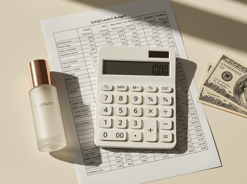 A calculator and spreadsheet showing the financial breakdown of the cost to launch a beauty brand, ranging from $17,000 to $61,000.