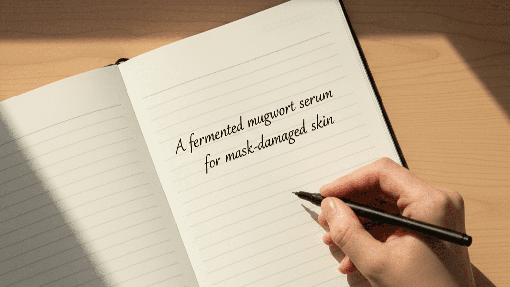 A handwritten sentence defining a clear, focused evergreen product concept for a beauty startup.
