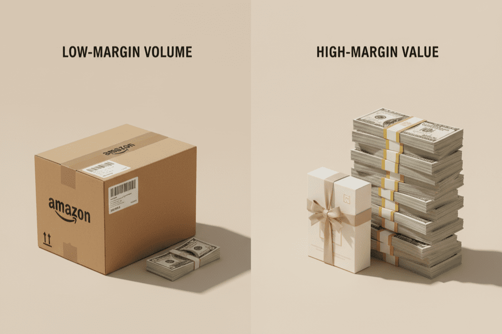 A graphic comparing the low-volume profit margin for a $15 product versus a $28 product, highlighting the financial trap of inadequate beauty brand pricing strategy.