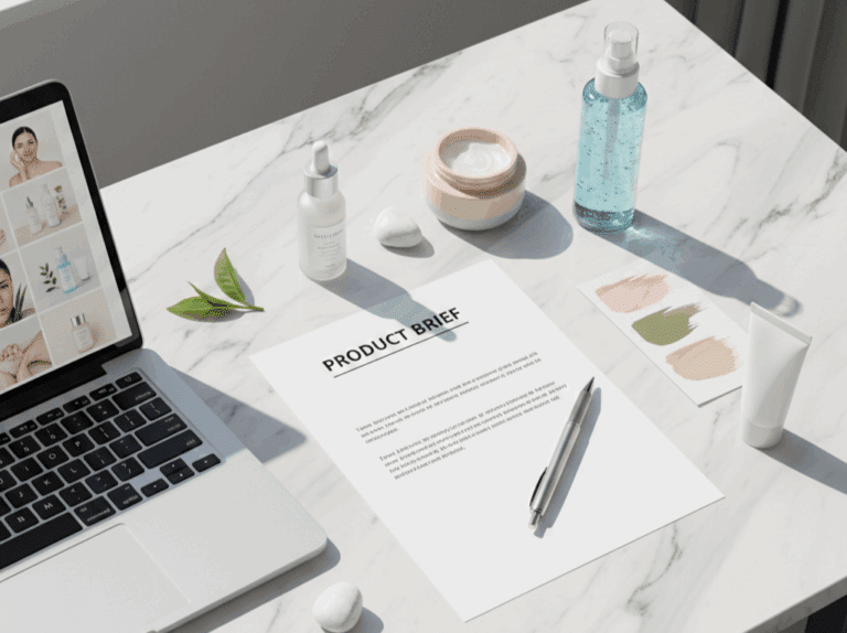 A professional cosmetic product brief document on a desk surrounded by skincare samples and formulation notes.