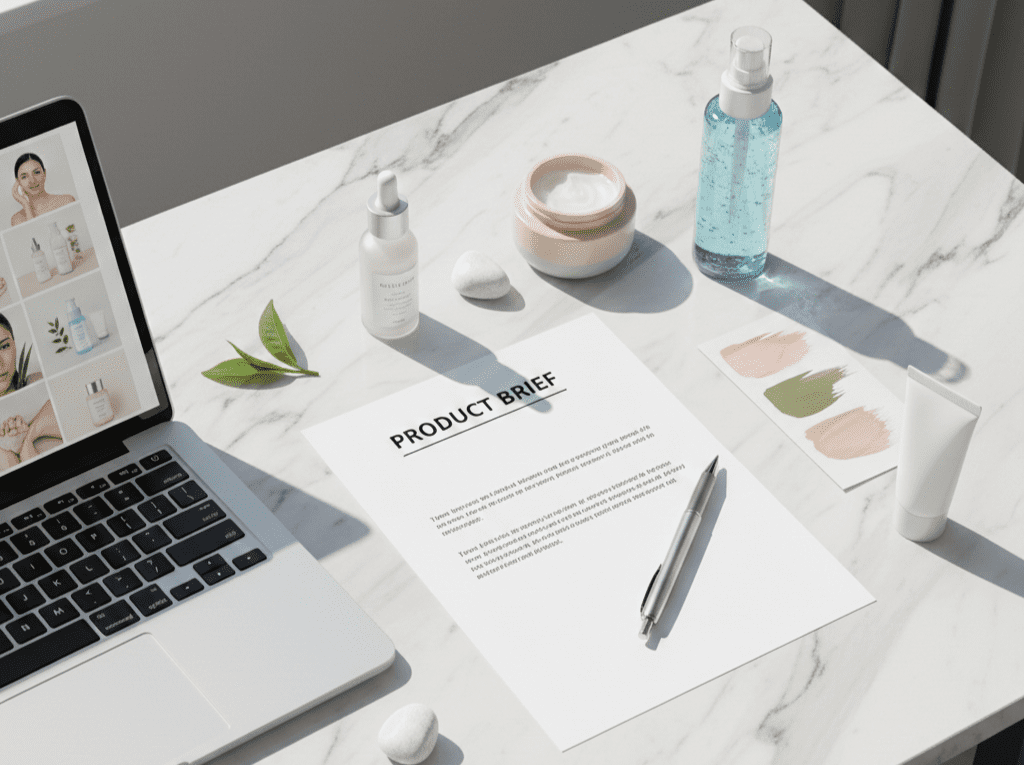 A professional cosmetic product brief document on a desk surrounded by skincare samples and formulation notes.