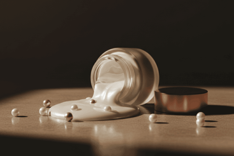 A dramatic image representing a beauty brand failure, showing a single, elegant cosmetic jar tipped over, with its white cream spilled like pearls on a dark, reflective surface, symbolizing a costly mistake.