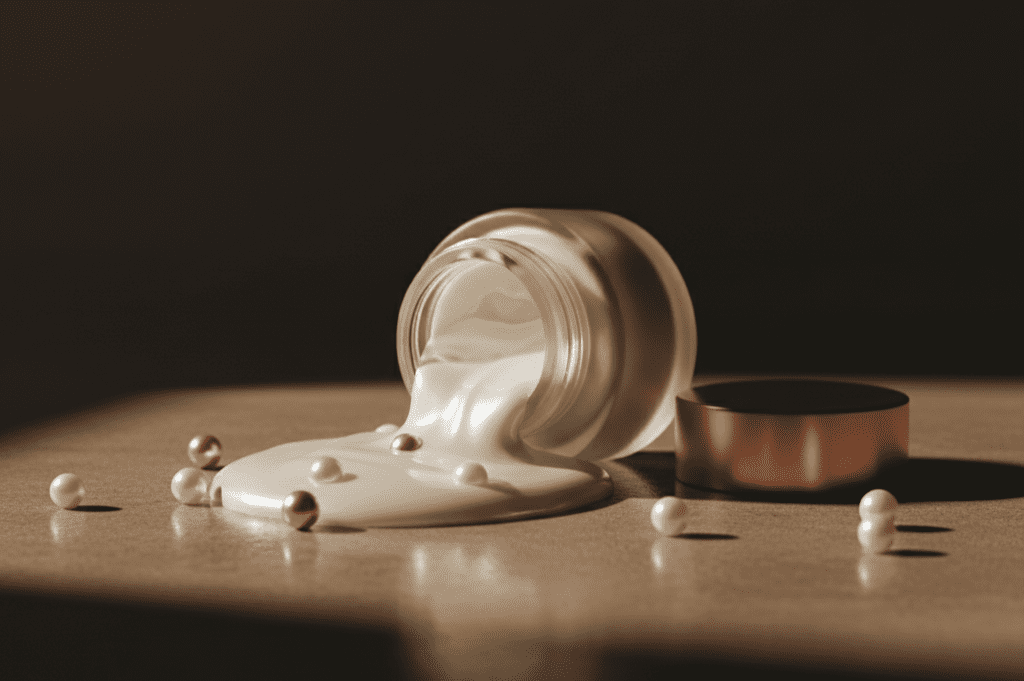 A dramatic image representing a beauty brand failure, showing a single, elegant cosmetic jar tipped over, with its white cream spilled like pearls on a dark, reflective surface, symbolizing a costly mistake.