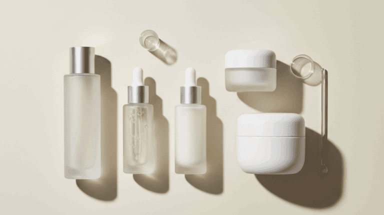 minimalist k-beauty products on a clean beige background