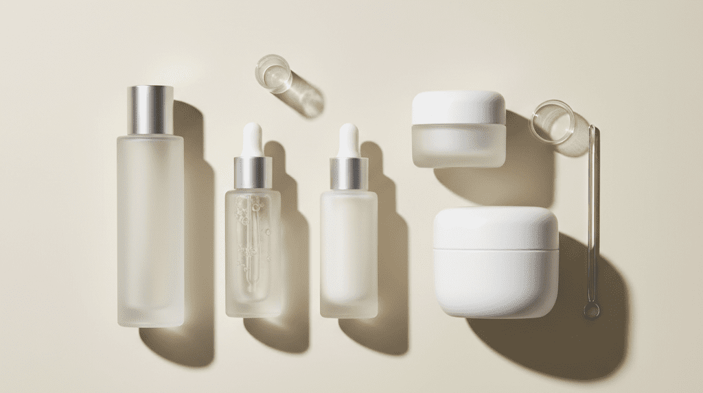minimalist k-beauty products on a clean beige background